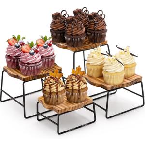 ZENFUN 4 Piece Wood Buffet Risers, Dessert Table Risers Food Display Riser, Pizza Pan Riser, Cupcake Stand & Wood Display Risers, Nesting Food Platter and Plate Holder