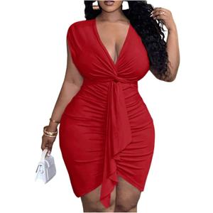 WDIRARA Women's Plus Size V Neck Sleeveless Bodycon Dress Ruched Twist Front Party Short Dress (XL)