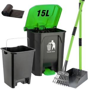 MXF Pooper Scooper Set - 28" Dog Pooper Scooper & Long Handle Stainless Metal Tray&Rake, 15 Litre Step Dog Poop Trash Can w/Removable Inner Bucket, 20 Waste Bags for Outdoors