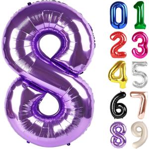 8 Balloon - Purple Birthday Number Balloons, 40 Inch Large Foil Balloons for Men Women Boys Girls Purple Themed Birthday Decorations