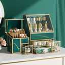 CoralHouse Makeup Organizer Green Large Vanity Organizer for Skincare, Lipsticks, Perfume & Brushes Countertop Cosmetic Storage Box for Women, Bathroom or Dresser.