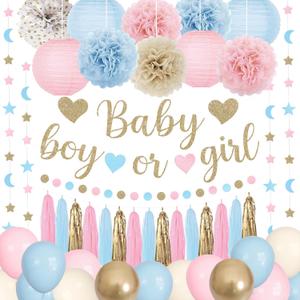 Ouddy Party Baby Gender Reveal Decorations, Pink Blue Sand White Balloons Glitter Boy or Girl Banner Moon Star Circle Garland Paper Tassels Lanterns for Boho Gender Reveal Birthday Party Supplies