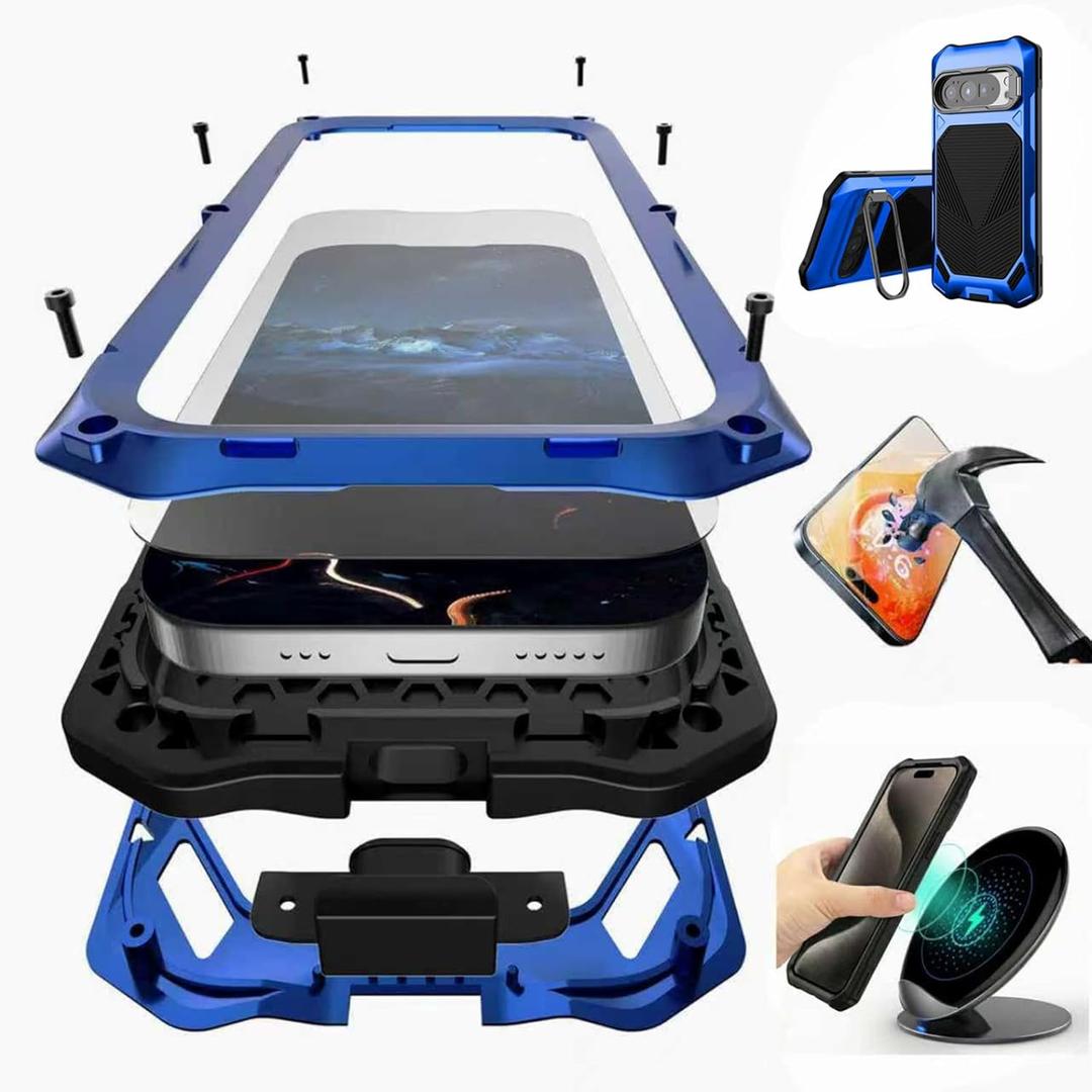 for Google Pixel 10/10 Pro/9/9 Pro Metal Case with Camera Cover Kickstand, Built-in Tempered Glass Screen Protector, Heavy Duty Military Grade Shockproof Full Body Case 6.3" (Blue)