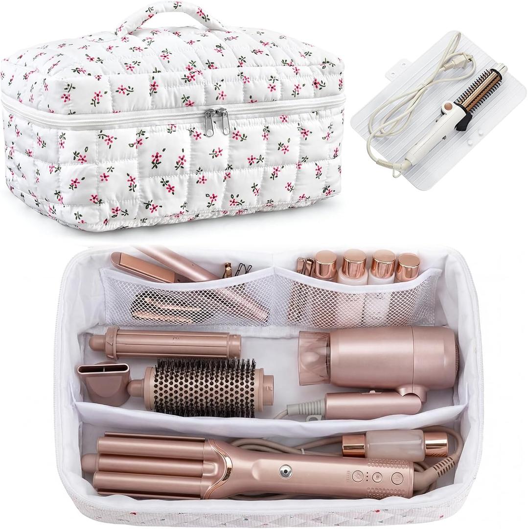 Hair Tools Travel Bag with 2 Silicone Heat Resistant Mat, Quilted Storage Pouch for Curling Iron, Flat Irons, Straighteners, Haircare Accessories Organizer, Gift for Women(White)