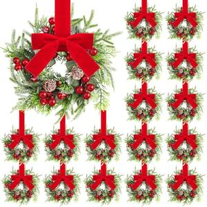 Dingion 18 Pcs Mini Christmas Kitchen Cabinet Wreath Small Christmas Wreath Decorations Norfolk Pine Artificial Berries Snowy Pine Garland with Red Ribbon for Xmas Table Centerpiece Front Door Decor