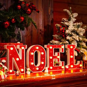 Roowest 4 Pack Christmas Light up Noel Sign LED Noel Letter Glitter Battery Powered Marquee Letters for Christmas Night Home Bar Birthday Party Bedroom Tabletop Decoration(Red)