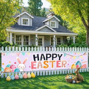 BlissYard Happy Easter Fence Banner Bunny Decor 118 x 19.68 Inch