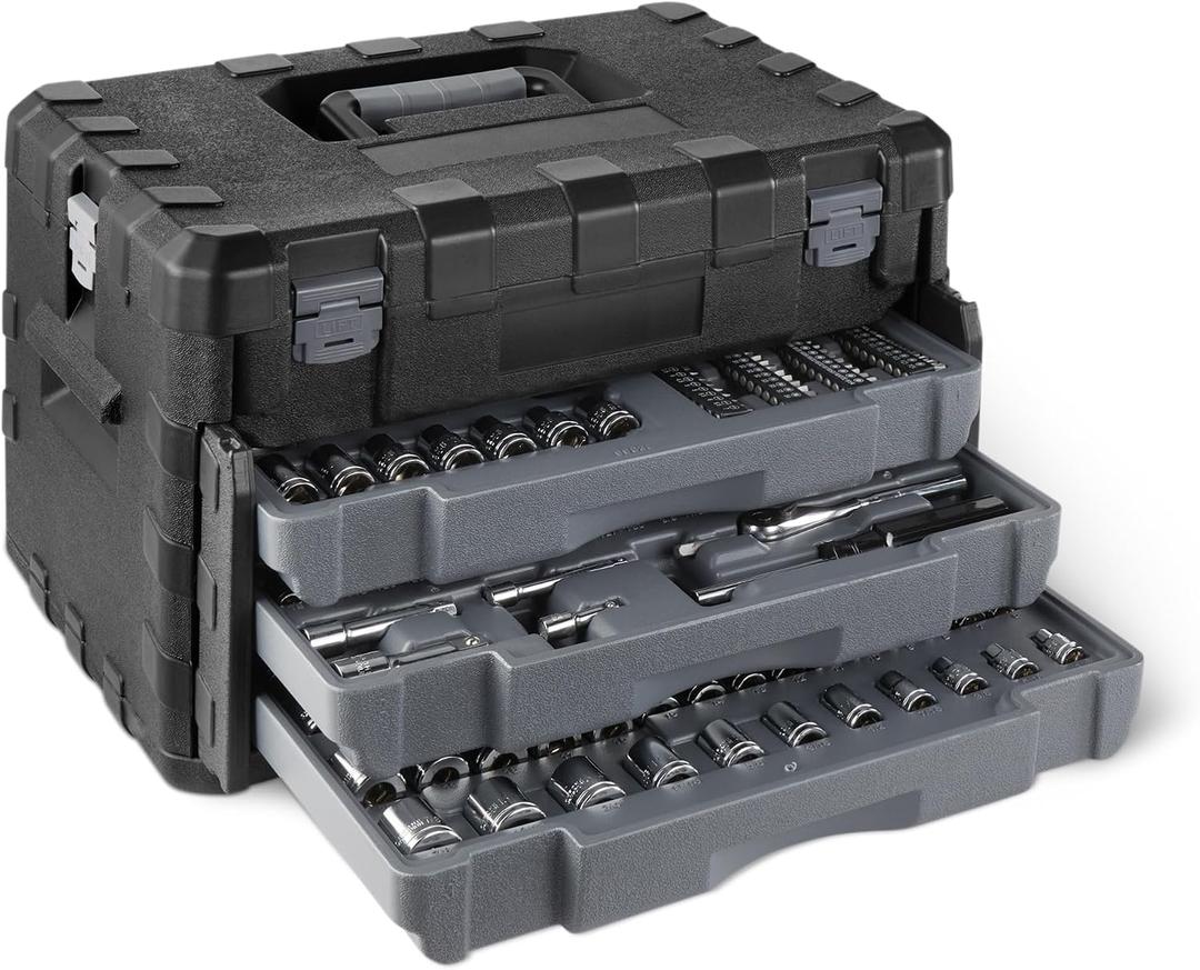 Amazon Basics 287-Piece Mechanic Socket Set with Quick-Release Ratchets, Wrenches, Bits, 1/4" 3/8" 1/2", Metric and SAE, 3-Drawer Case, for Auto and Machine Repairs
