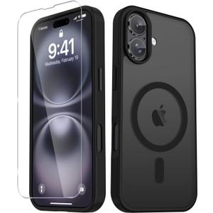 YENAPOON for iPhone 16 Case, Matte Magnetic Phone Cover [with 1 Screen Protector] [Support for MagSafe] [Shockproof Military Grade Protection] Translucent Frosted Back, Black