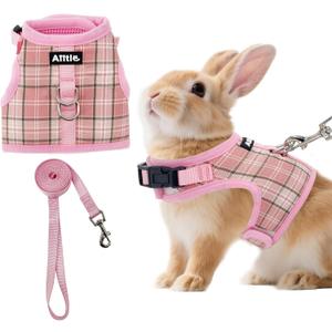 AIITLE Breathable Rabbit Harness and Leash Set - Plaid Pattern Padded Vest with Magic Tape Design, Dual D-Rings, Adjustable for Small Animal Pets, Indoor Outdoor Training Camping, Pink M