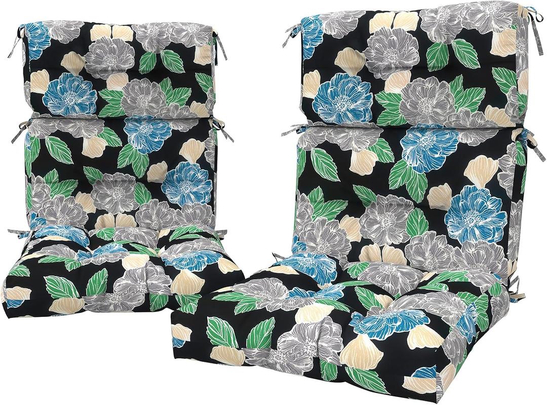 LVTXIII 2 Pack Outdoor High Back Cushions, 22" W x 20" D Tufted Seat and Back Chair Cushion with Ties, Fluffy Patio Replacement Rocking Chair Cushion for Outdoor Furniture Use, Sketch Peony, 44"x22"x4"