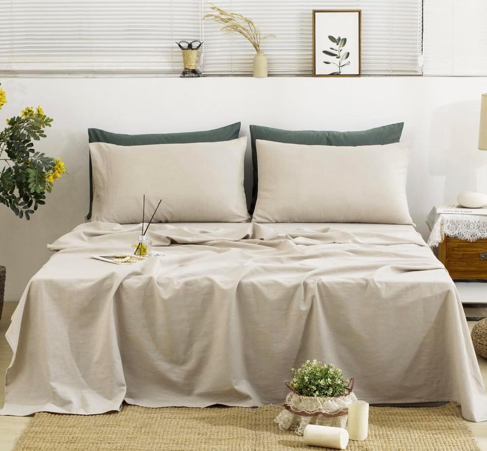 TUMEI 100% French Linen Sheets Queen Size, 4-Piece Linen Bed Sheet Set Queen, Breathable & Cooling, Soft & Durable, 16" Deep Pocket, 1 Flat Sheet, 1 Fitted Sheet, 2 Pillowcases (Queen, Natural Linen)