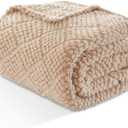 EMME Fleece Blanket, 3D Jacquard Throw Blanket for Couch and Bed, Soft Cozy and Fluffy Blankets Lightweight Luxury Flannel with Waffle Design (Beige, 50" x 60")