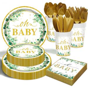 Sage Greenery Baby Shower Plates and Napkins Tableware Set - 175pcs Gender Neutral Baby Shower Decorations Oh Baby Party Supplies, Disposable Paper Plates Napkins for Baby Girl Boy Shower Decorations