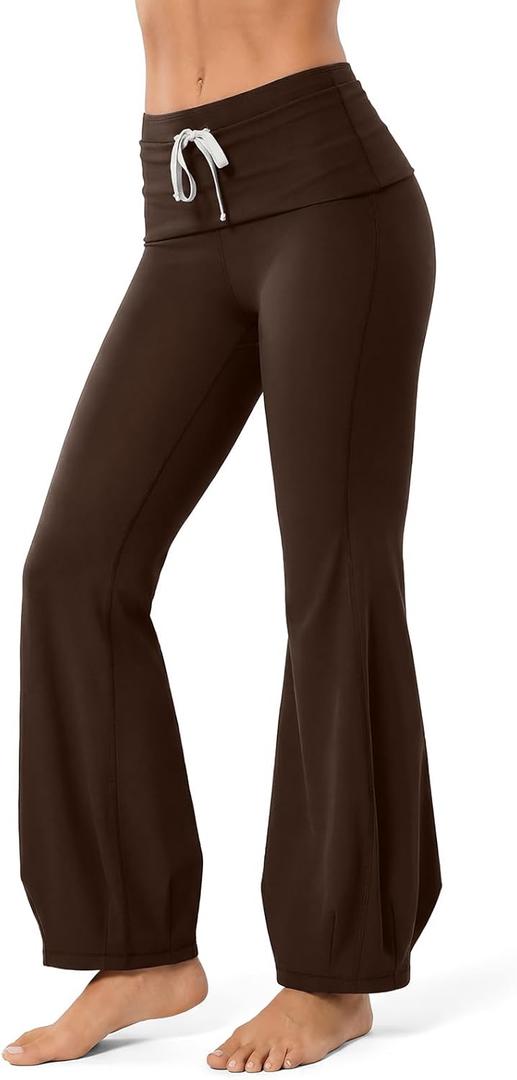 Women's Fold-Over Flare Yoga Pants - High Waist Drawstring Tummy Control Leggings for Pilates, Gym, Lounge & Daily Wear, XS