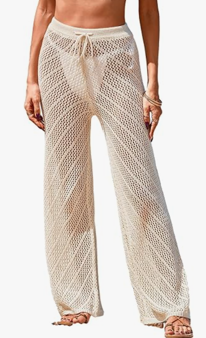 Womens Crochet Knit Elastic Waist Swimsuit Coverup Summer 2025 Striped Beach Bathing Suit Cover Up Pants, beige, size M