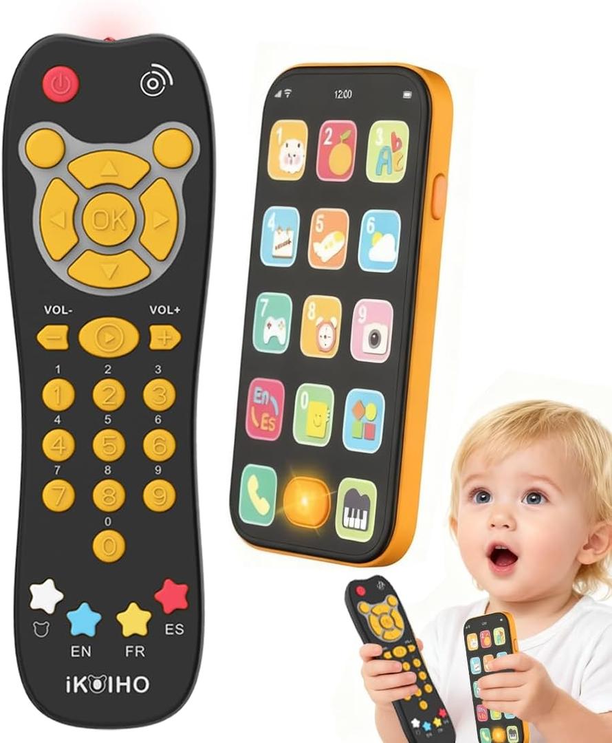 Baby Phone TV Remote Toy Set, Bilingual Play Phones Toy Remote for Baby with Music Light for 6+ Months, Early Learning Baby Toys Gift for 1 Year Old Boys Girls Toddler Infant, English/Spanish, Orange