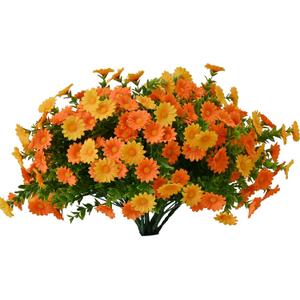 Artificial Fake Flowers Plants for Outdoor Decoration, Faux Flower Yellow Orange Daisy with Eucalyptus Leaves for Planter Front Door Porch Patio Balcony Decoration, 10 Bundles