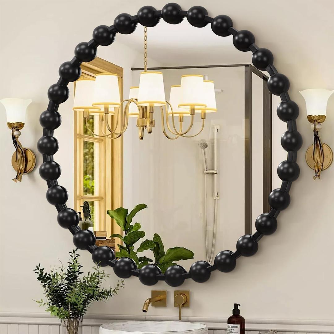 AAZZKANG Large Round Mirror with Metal Beaded Frame Black Circle Wall Mirrors Large 28" Home Decor for Bedroom Living Room Bathroom Entryway Hanging