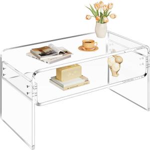 2-Tier Acrylic Coffee Table, Side End Table with Storage Shelf, Modern Center Table for Living Room, Office, Bedroom, Home Small Space, Easy Assembly (Clear), 31.5" x 15.8" x 15.8"