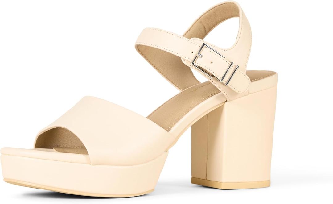 Amazon Essentials Women's Platform Ankle Strap Block Heel Sandal (7, Pale Beige)
