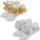 MKYSZLT Girls Ruffle Socks Toddler Girl Gold Silver Glitter Double Lace Frilly Dress Socks Turn Cuff Sparkling Pageant Sock