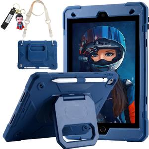 for iPad 9th/ 8th/ 7th Generation Case (iPad 10.2 inch Shockproof Case) with 360 Rotating Grip Magic Stand, Pencil Holder/Keychain/Carrying Shoulder Strap for iPad 10.2 inch (Navy Blue)