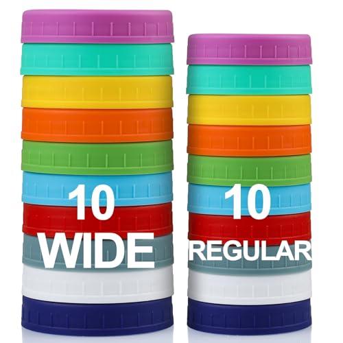 AOZITA 10 WIDE Mouth & 10 REGULAR Mouth Mason Jar Lids - 20 Pack Food Grade Plastic Mason Jar Caps for Ball, Kerr and More Canning Jars - Leakproof & Dishwasher Safe - Multicolor