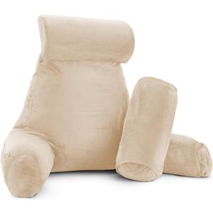 Clara Clark Bed Rest Reading Pillow with Arms and Pockets Detachable Neck Roll & Lumbar Support for Kids Teens & Adults-Premium Shredded Memory Foam, Large Roll, Cream (VC-CC-redingplw-lnr-CRM)
