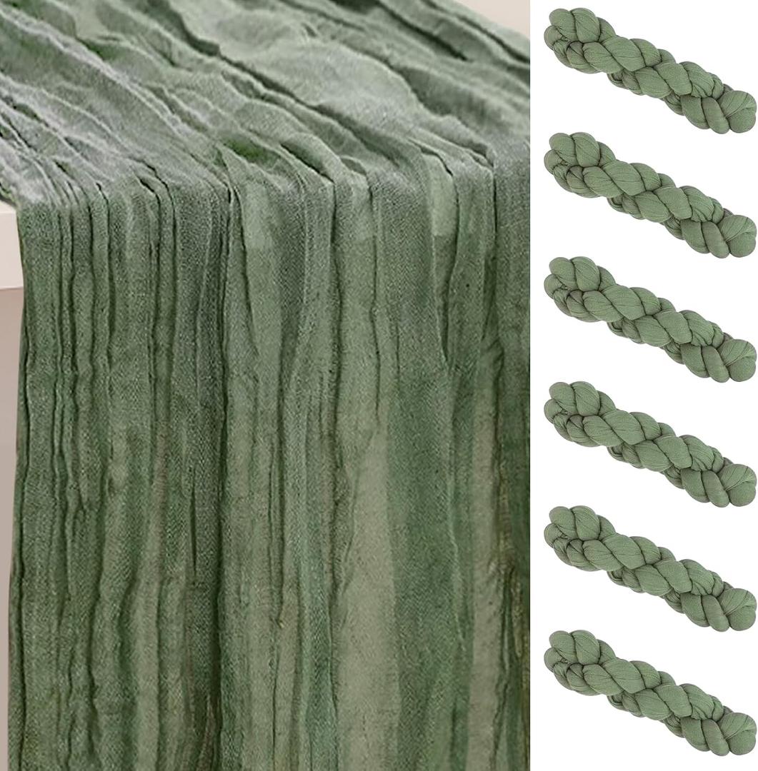 6 Pack Sage Green Cheesecloth Table Runner 35x120 Inch 10Ft Rustic Gauze Cheese Cloth Table Runner Sheer Cheesecloth Table Runners for Wedding Party Bridal Shower Decoration