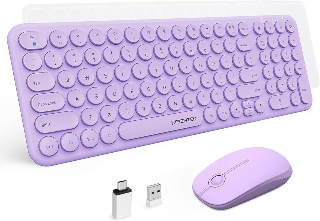 XTREMTEC Wireless Keyboard and Mouse Combo, 2.4G USB Slim Quiet Low-Profile Retro Round Typewriter Keyboard and Ergonomic Mouse Set for Windows/Mac/Laptop/ipad/Computer, Plug-and-Play (Purple)