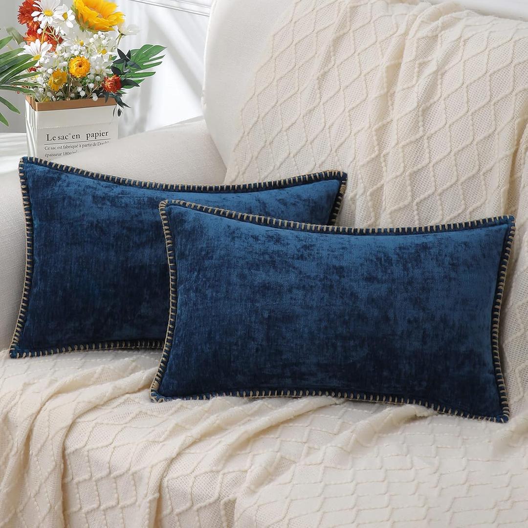 decorUhome Chenille Soft Cozy Throw Pillow Covers 12x20 Set of 2, Modern Farmhouse Boho Velvet Decorative Pillow Cases with Stitched Edge for Couch Sofa Bed Home Decor, Poseidon