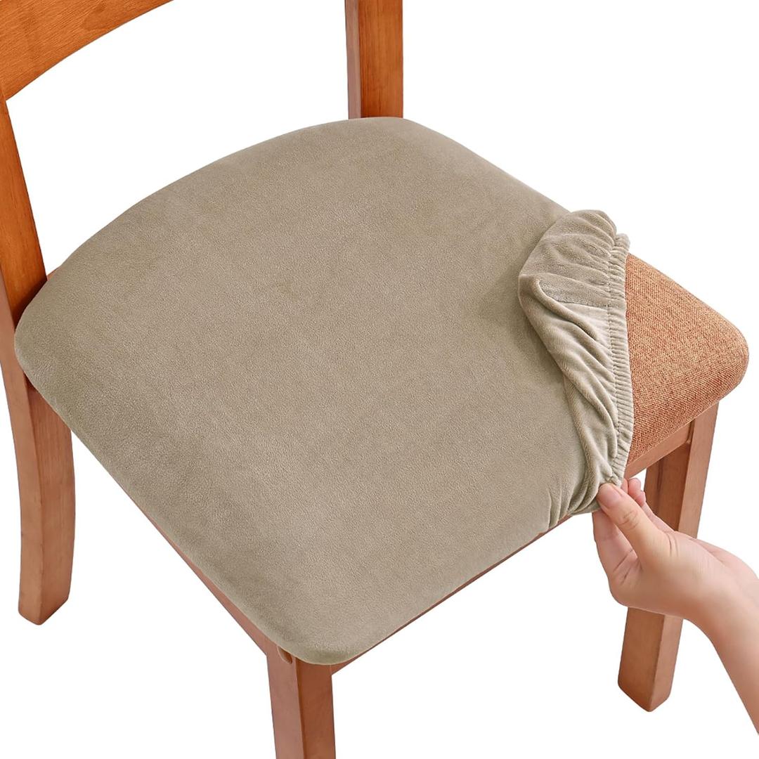 Smiry Velvet Seat Covers for Dining Room Chair Set of 4, Stretch Fit Removable Washable Chair Seat Cushion Protector Slipcovers with Ties, Khaki