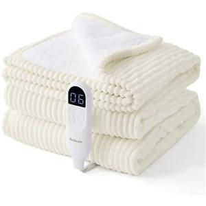 Bedsure GentleSoft Electric Blanket Twin - Soft Ribbed Flannel Heated Blanket, Heating with 10 Time Settings, 6 Heat Settings, and 8 hrs Timer Auto Shut Off, Gifts for Grandma (62"x84", Coconut White)