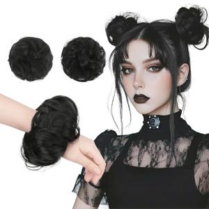 FESHFEN 2PCs Small Messy Bun Hair Piece for Thin Hair Women Girl Mini Synthetic Elastic Wavy Space-bun Scrunchies Updo Hairpieces, Black