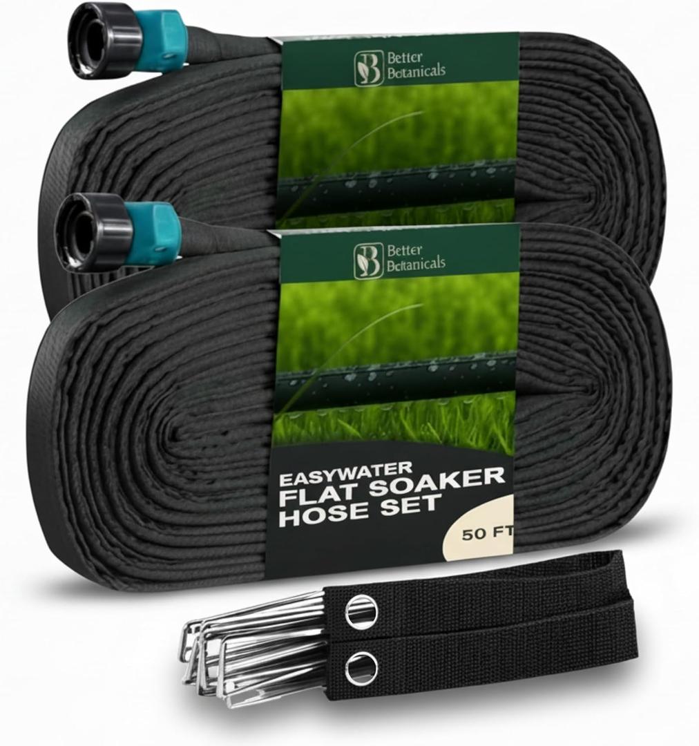 100 FT Flat Soaker Hose (2 x 50 FT) – Drip Irrigation for Garden Beds, Raised Beds & Landscaping – Kink-Resistant, Even Watering, Includes 16 Steel Stakes & Storage Straps
