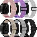 5 Packs Elastic Nylon Bands Compatible with Fitbit Versa 4 / Fitbit Sense 2 / Fitbit Versa 3 / Fitbit Sense, Adjustable Nylon Replacement Straps Wristband for Fitbit Versa 3/4 for Women Men (Pink+Purple+White+Silver+Gold+Black)