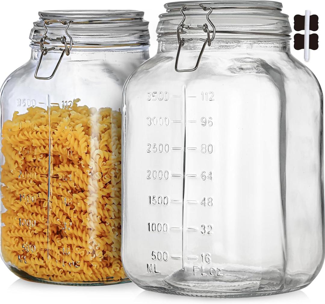 1.1 Gallon Large Glass Food Storage Jars with Airtight Lids,Set of 2 Square Wide Mouth Airtight Glass Storage Container,135oz Kitchen Mason Jar with Measurement Mark,for Flour Sugar Canning