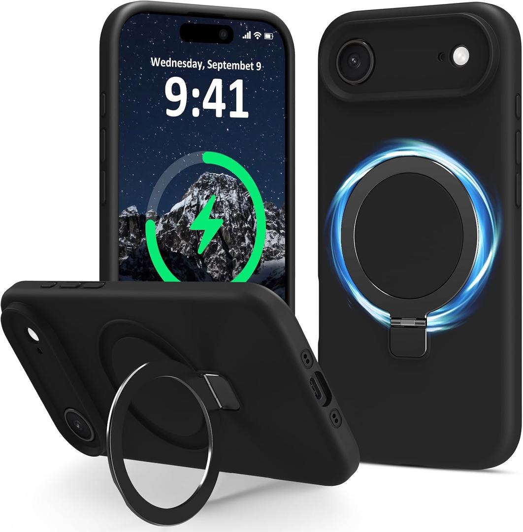 Vanxiliiy Compatible with iPhone Air Case with Stand, Full Camera Protection Slim Liquid Silicone Phone Cases for iPhone 17 Air Compatible with MagSafe Magnetic Ring Kickstand Case 6.5", Black
