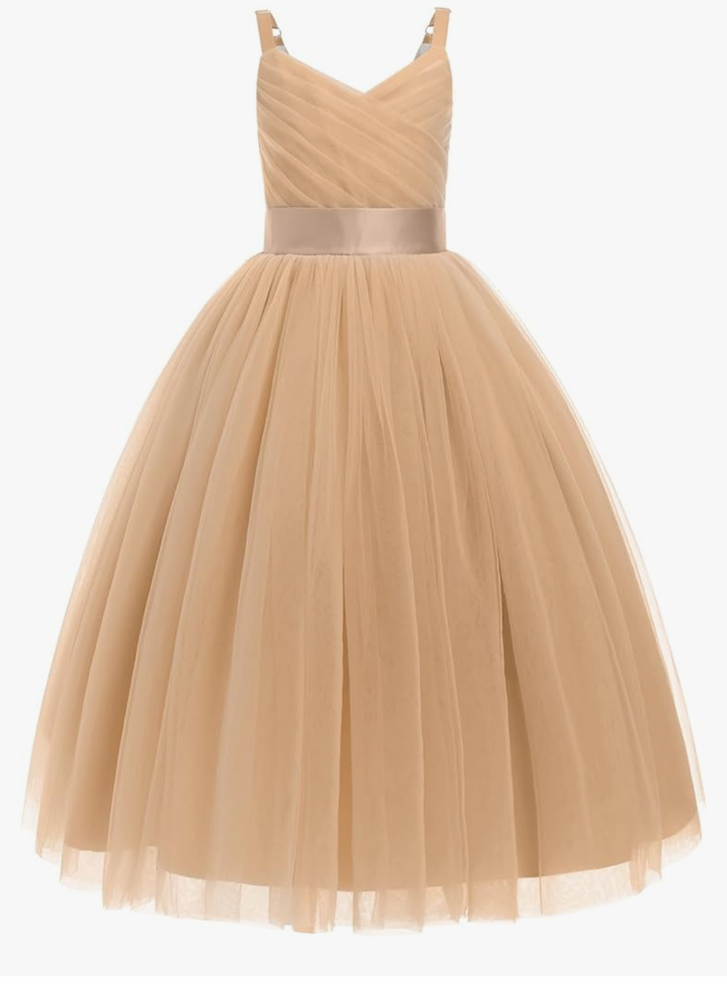 Flower Girl Dress for Wedding Pleated V Neck Satin Tulle Princess Dress Junior Bridesmaids Pageant Formal Ball Gown, No Size, Beige