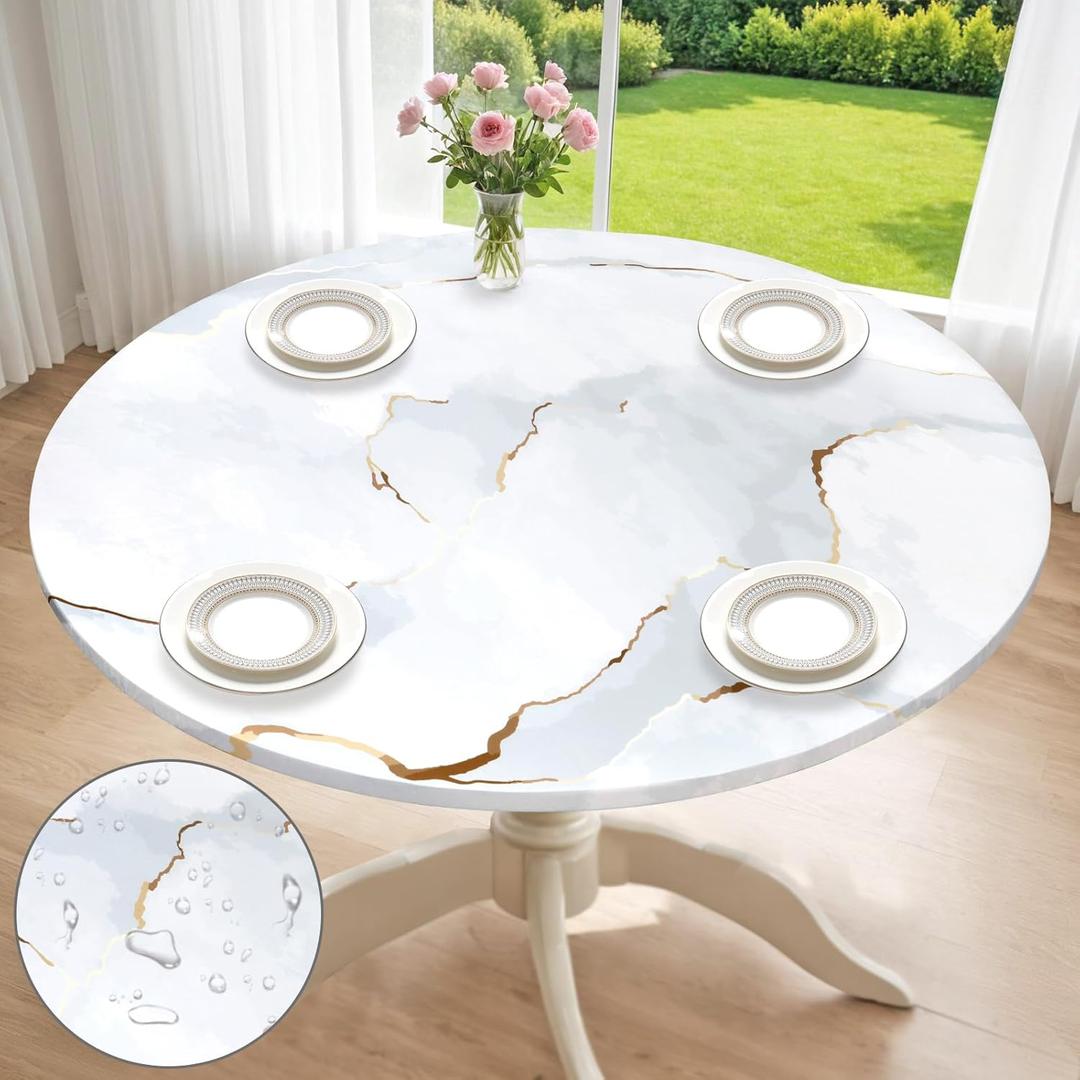 Round Fitted Tablecloth with Elastic Edge Waterproof Table Cloth White Marble Wipeable Table Cover Fits 36"-44" Round Tables for Dining Picnic Camping
