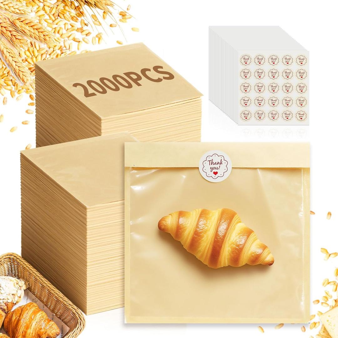 2000 Pcs Cookie Packaging Bags with Seal, 7.1''x7.5'' Paper Bakery Bags with Window, Heat Sealable & Grease Resistant To Go Bake Sale Sleeves for Gift Giving, Donut, Bread, Sandwich