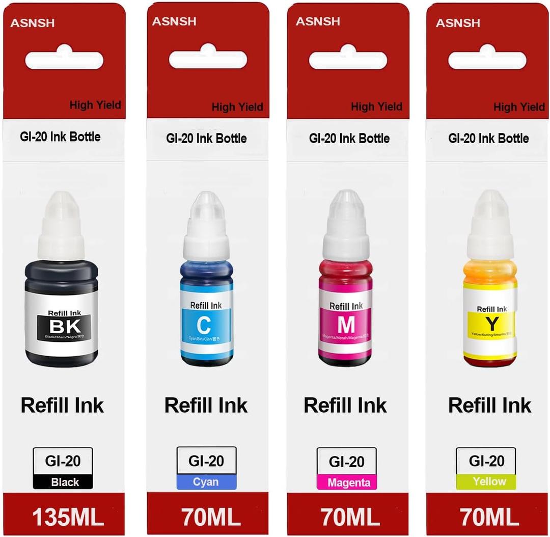 GI-20 GI20 GI-10 GI10 Refill Ink Bottles Compatible for PIXMA G5020 G6020 G7020 GM2010 GM4010 G5010 G6010 G7010 Printers (4-Pack)