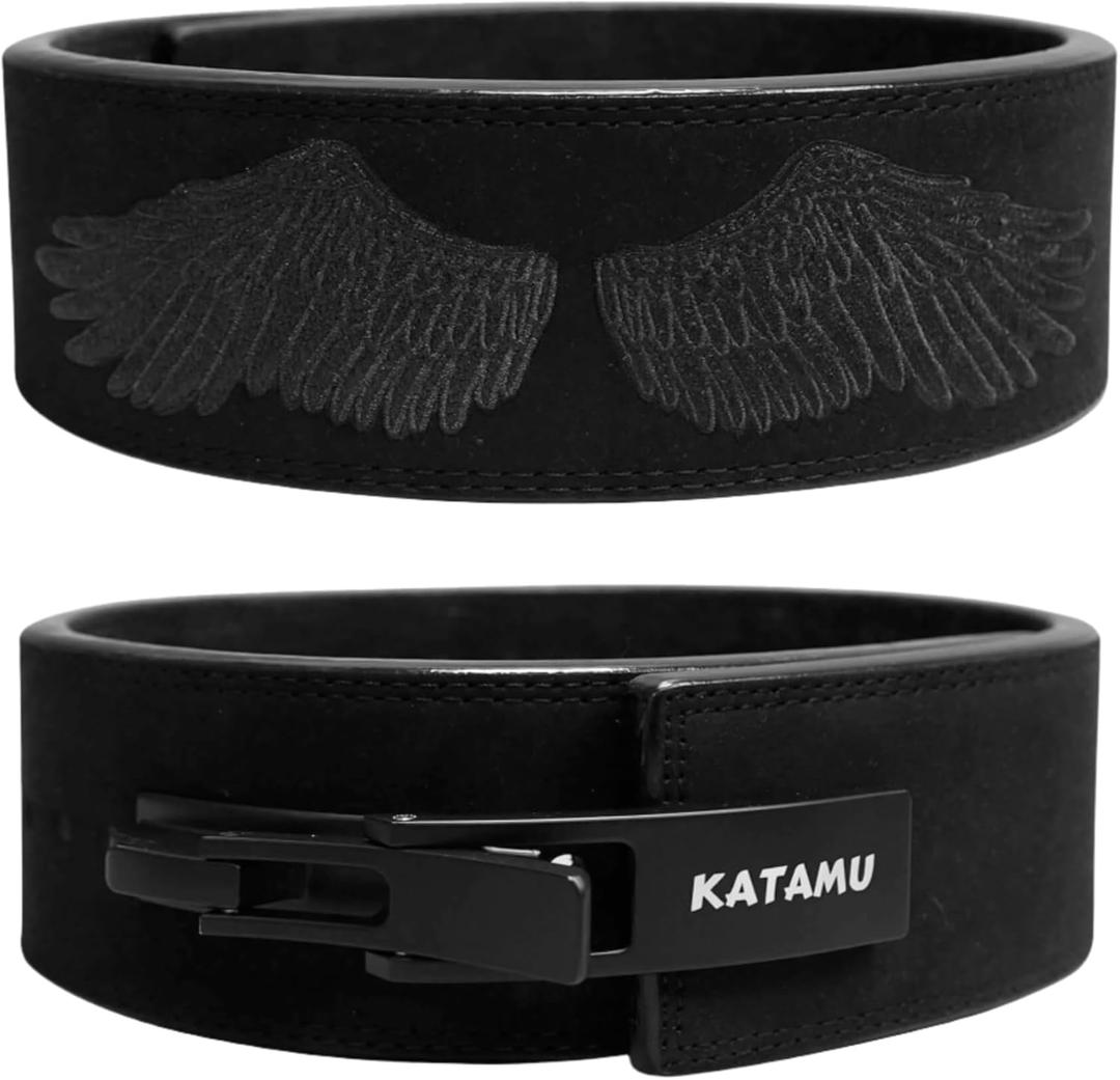 Katamu Premium Leather Lever Weightlifting Belt  Secure Steel Lever, Powerlifting Support for Deadlifts, Squats & Heavy Lifts (Large, Black Out Wings)