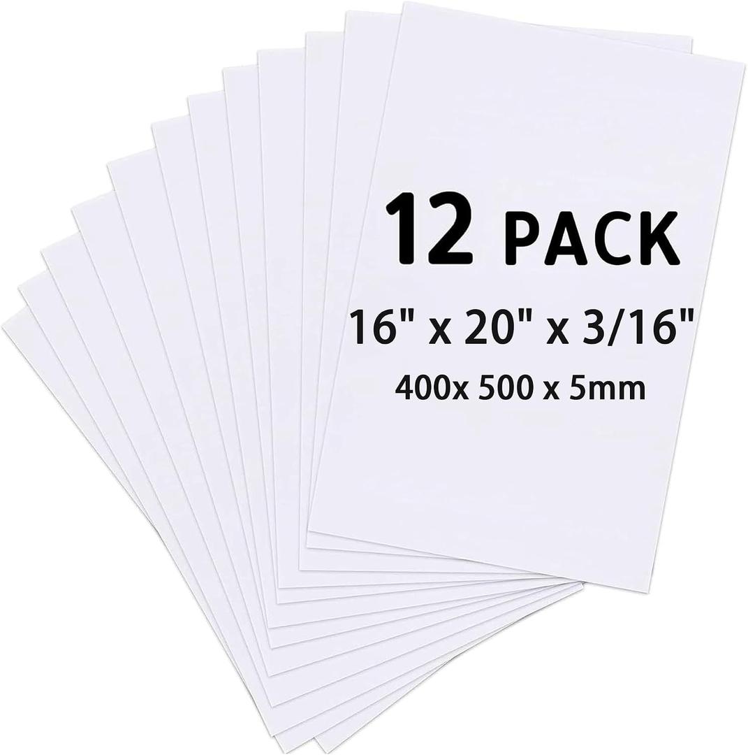 Foam Board 16x20 Inch, 3/16 Inch Thick, 12 Pack, White Foam Core Board, Strong & Rigid, Double-Sided Large Poster Board for Crafts, School Projects, Painting, Presentation & Display