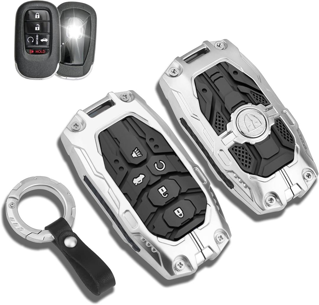 QBUC for Honda Key Fob Cover with Keychain - Heavy Zinc Alloy Shell & Silicone Case for Double Protection - Compatible with 2022-2026 Honda Accord Civic HR-V CR-V Pilot (Silver)