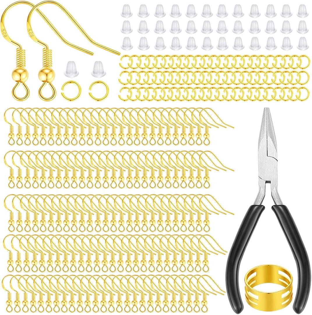 MAIBAOTA Gold Earring Hooks for Jewelry Making, 602 Pcs Hypoallergenic Gold Plated Earring Hooks, Jump Rings, Earring Findings, Rubber Earring Backs, DIY Jewelry Making Supplies Kit