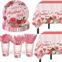 Childom Mothers Day Decorations for Party,132 Pcs Disposable Mothers Day Plates Tablecloth Cups Knives Spoons Forks for Party Supplies,Plates Tableware for Moms Birthday,Home,Brunch,Dinner,Serves 26