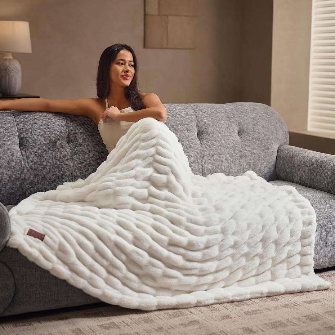 Cream Double Side Faux Fur Throw Blanket,Cozy Soft Fuzzy Fluffy Faux Rabbit Fur Blanket for Couch, Bed, Sofa,Room Decor-Antique Ivory,90x90 inch