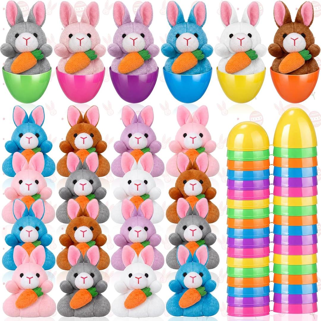 Blueweenly 24 Pack Prefilled Easter Eggs with Plush Bunny Toys Easter Basket Stuffers Egg Fillers Hunt Basket Egg Fillers with Bunnies Carrot for Kids Boys Girls Party Favors Classroom Prize